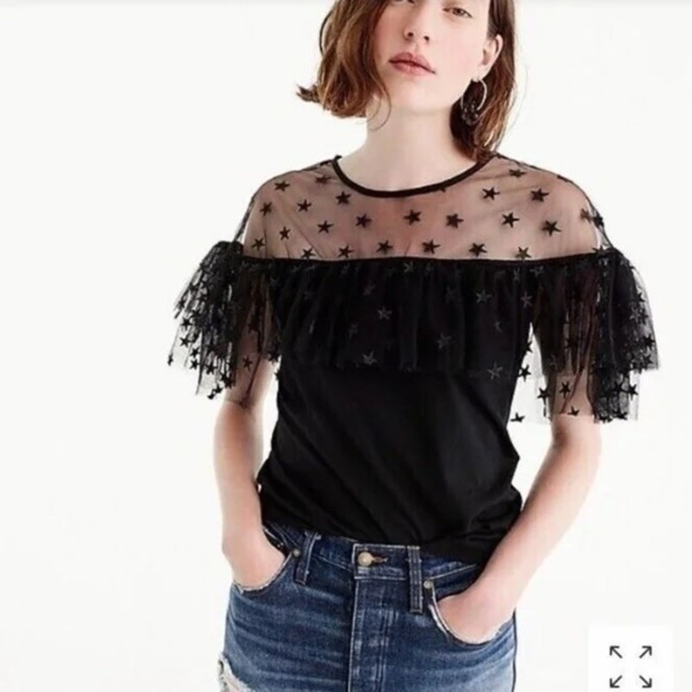 J.‎ Crew Black Starry Tulle Ruffle Sleeve Top Size S Wimsygoth Dark Fairy Witchy